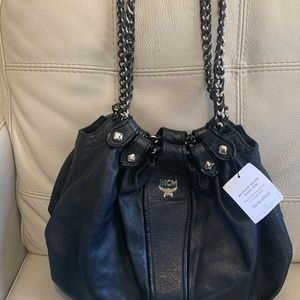 MCM Drawstring  Black Leather Shoulder Bag
